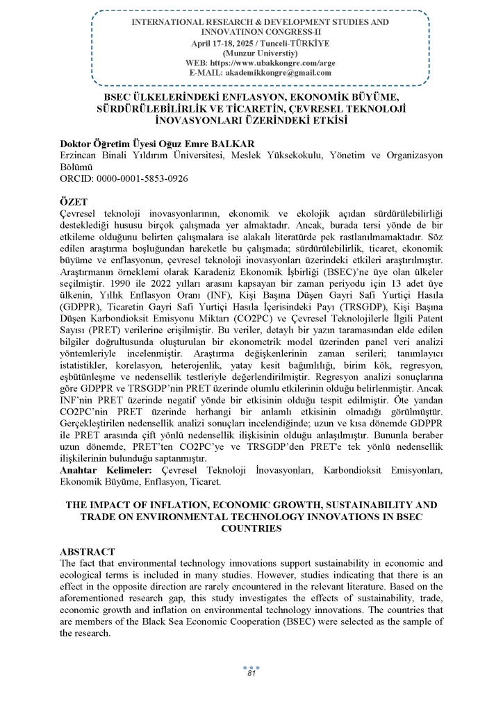 BSEC Ülkelerindeki Enflasyon, Ekonomik Büyüme, Sürdürülebilirlik ve Ticaretin, Çevresel Teknoloji İnovasyonları Üzerindeki Etkisi