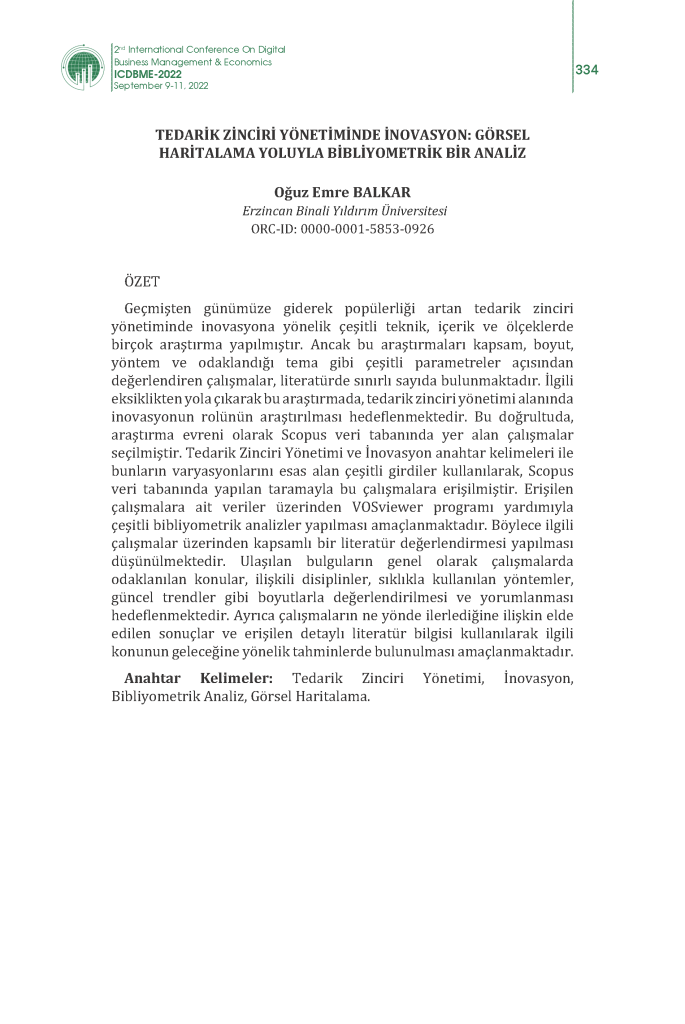 Tedarik Zinciri Yönetiminde İnovasyon: Görsel Haritalama Yoluyla Bibliyometrik Bir Analiz